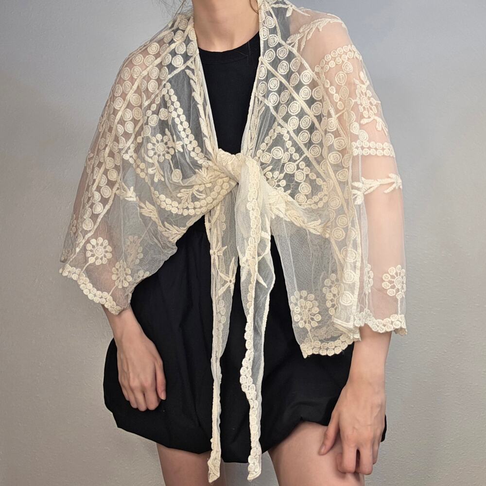Sheer Lace Tie Front Top Cream Embroidered Boho Coquette Fairy Grunge Cardigan